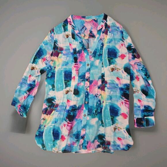 Soft Surroundings Ursa Aqua Modern Button Down Blouse Sz Medium - Picture 2 of 8